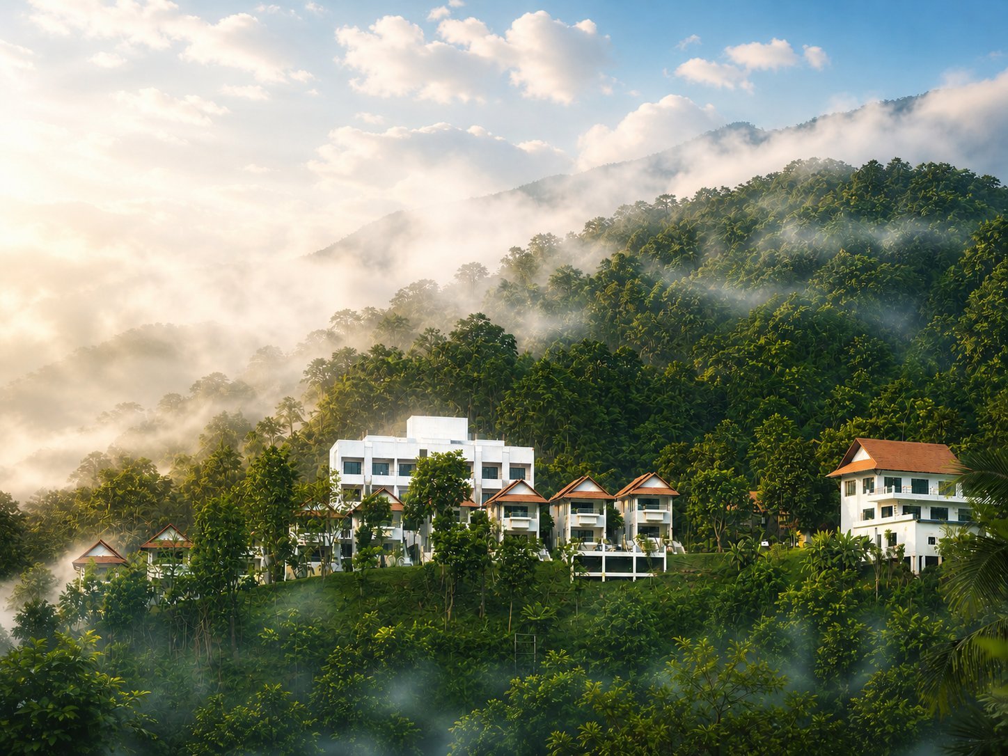 云海日出 — 云雾漫过山间度假村的清晨